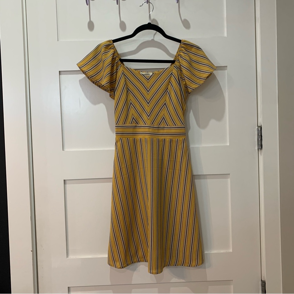 monteau mustard and blue striped mini dress